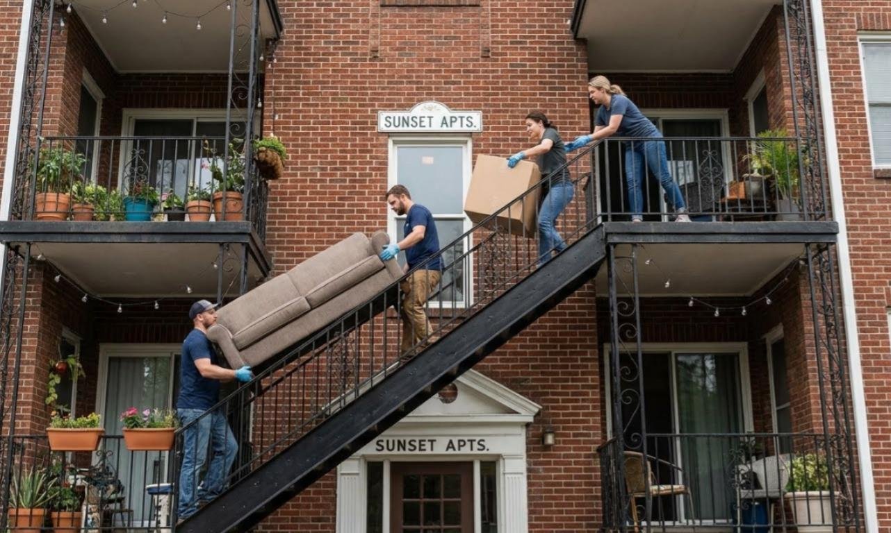 Professional junk removal team carrying furniture and boxes down apartment stairs during an apartment cleanout in Lubbock.
