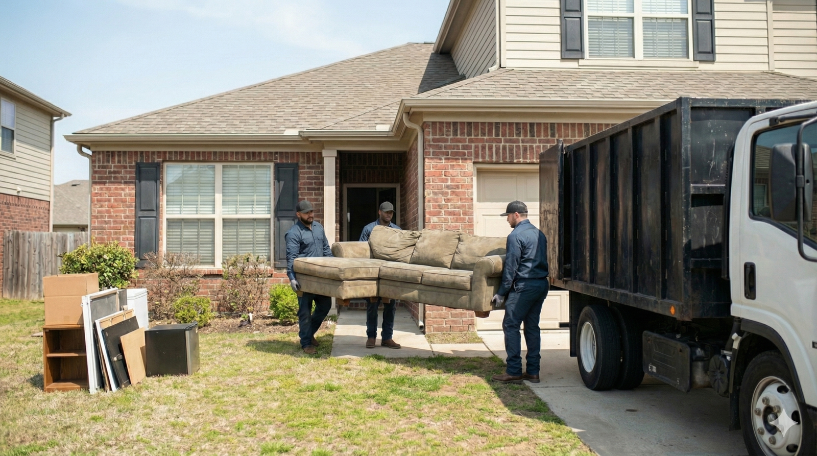 Three professional workers hauling a large sectional sofa out of a house for a furniture removal service in Lubbock.