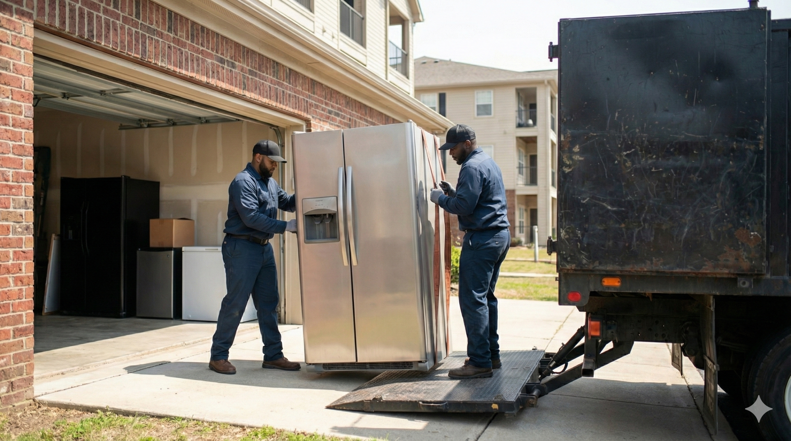 Two workers carefully loading a large refrigerator onto a junk truck using straps for appliance recycling service in Lubbock.